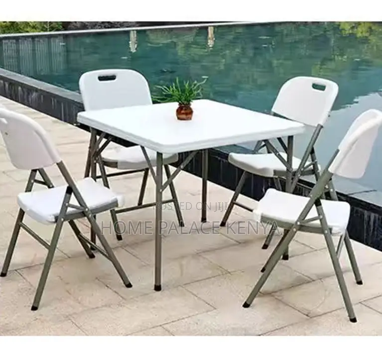 Outdoor Table: Portable White Foldable Plastic Table With Steel Frame