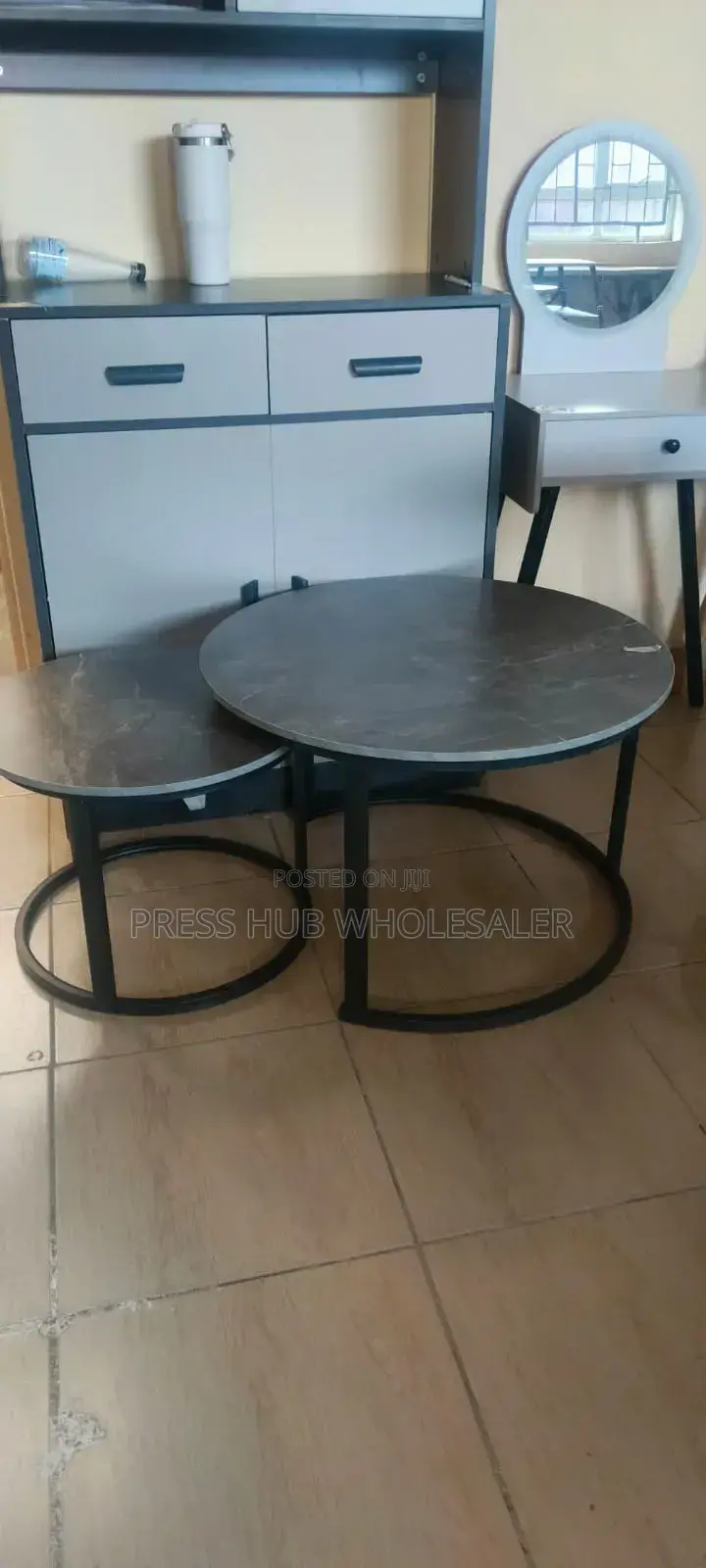 Modern Round Nesting Coffee Table Set – Grey Marble Black Metal