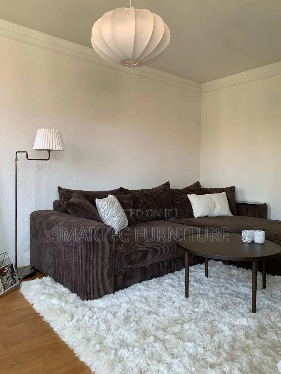 6 Seater Dark Brown Corduroy Sectional Sofa