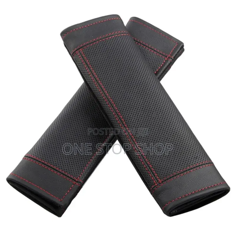 2pc Seat Belt Cover Black Carbon Fiber Leather With Red Stitching