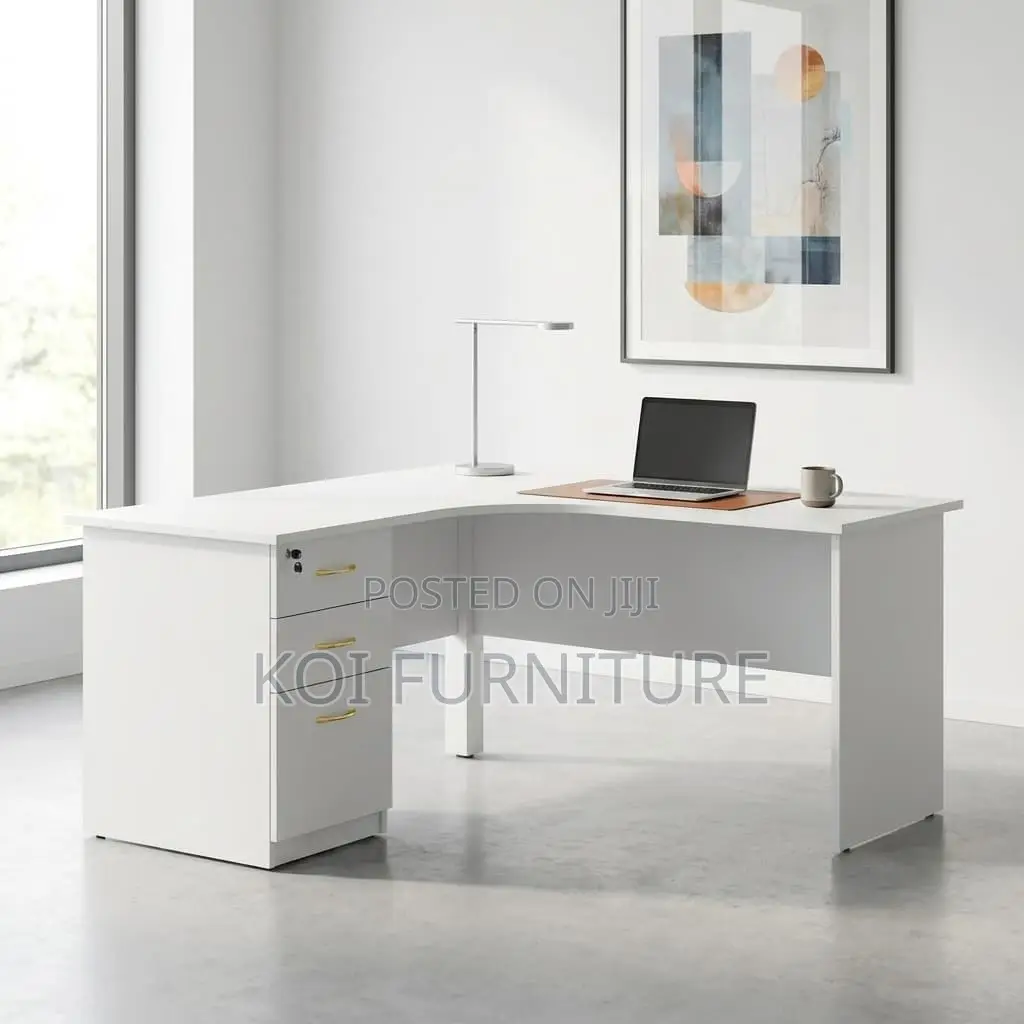 Office Desk : 1.2m Modern White L-Shaped Office Desk