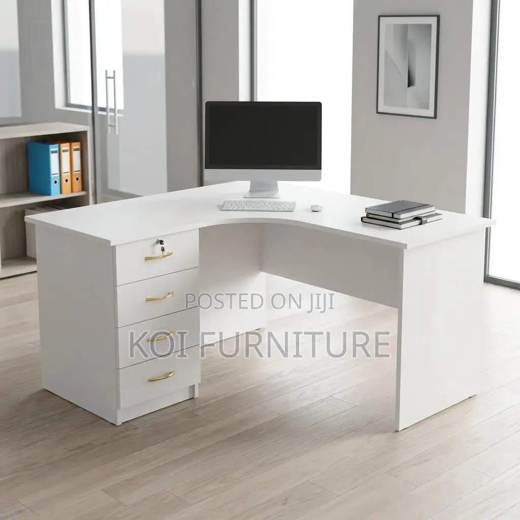 Office Desk : 1.2m Modern White L-Shaped Office Desk