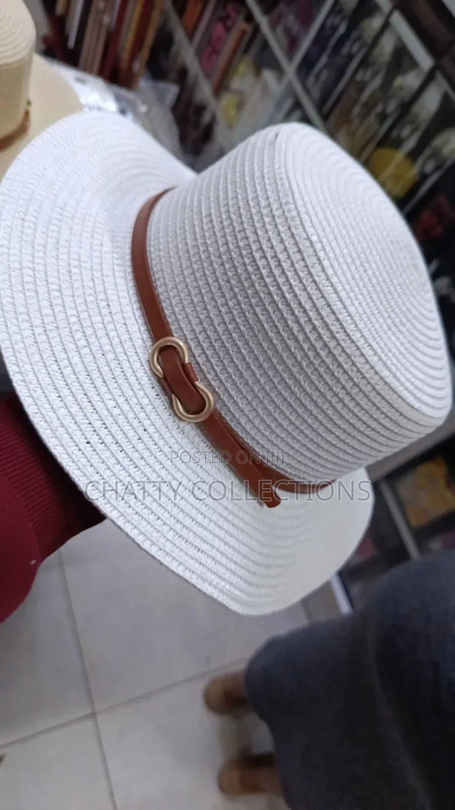 White Ladies Beach Hats /Summer Hats With Leather Strap Gold Buckle