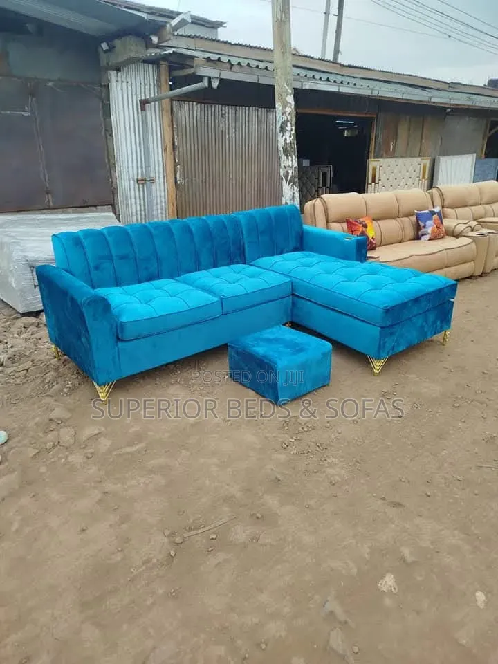 5-Seater Blue L-Shaped Sofa Set + Ottoman