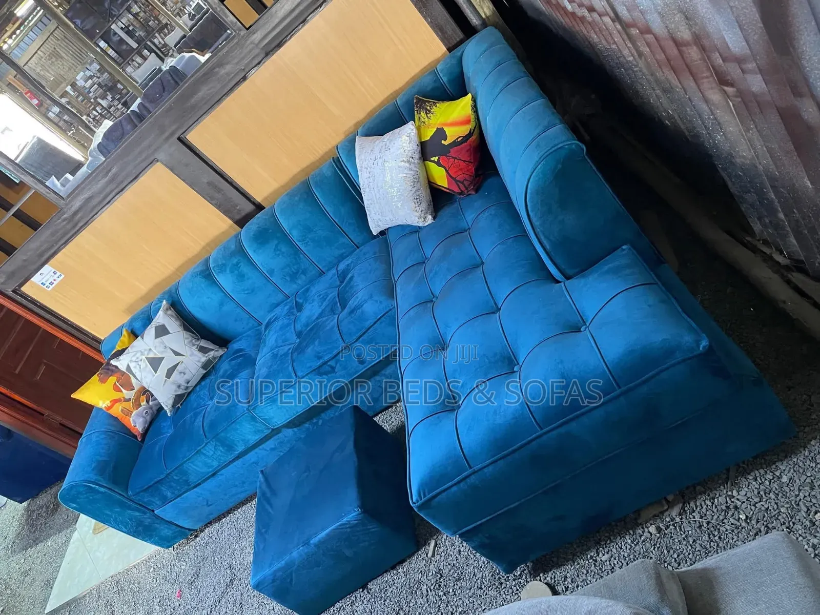 5-Seater Blue L-Shape + Ottoman on Sale: Brand New