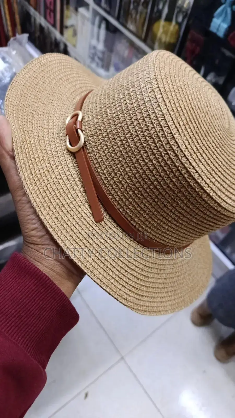Beige Ladies Beach Hats /Summer Hats With Leather Strap Gold Buckle