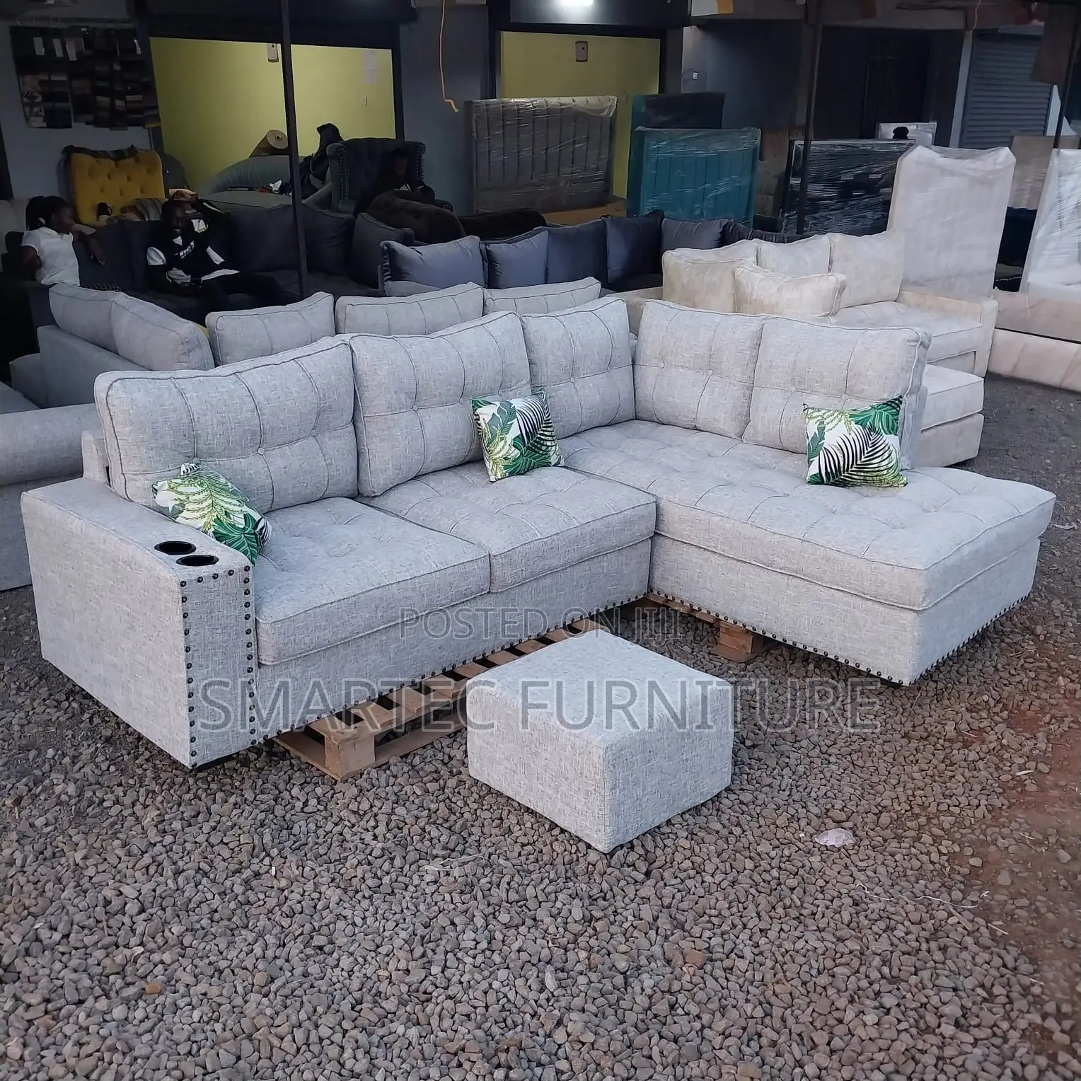 6 Seater Light Grey Tufted L Seat