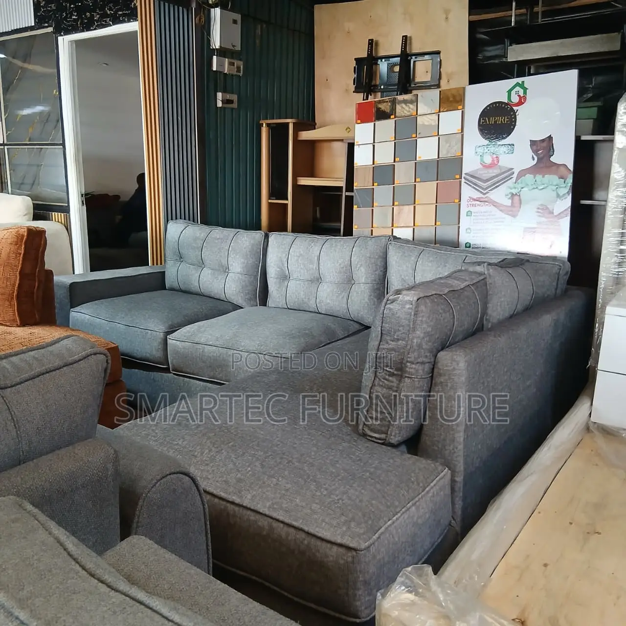 6 Seater Grey L Shaped Sofa With Spring