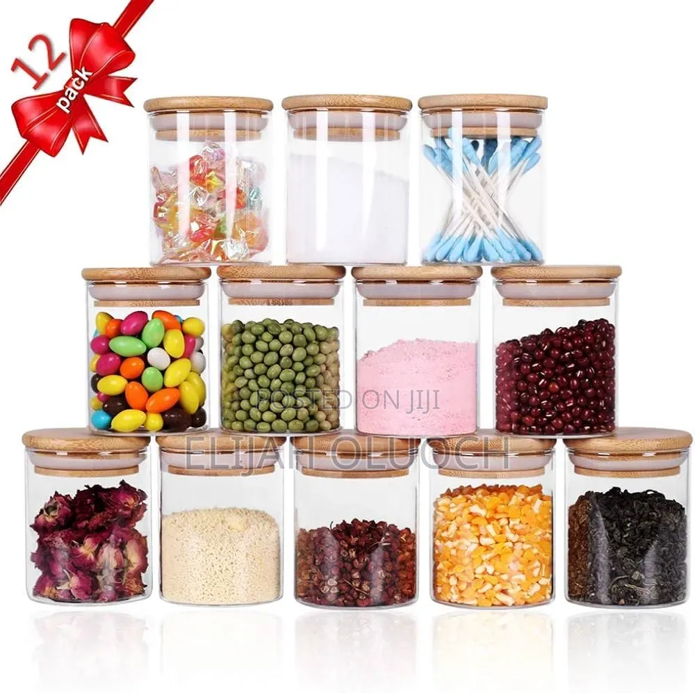 12pc 200ml Glass Container Set Airtight Bamboo Lids + Sticker Labels