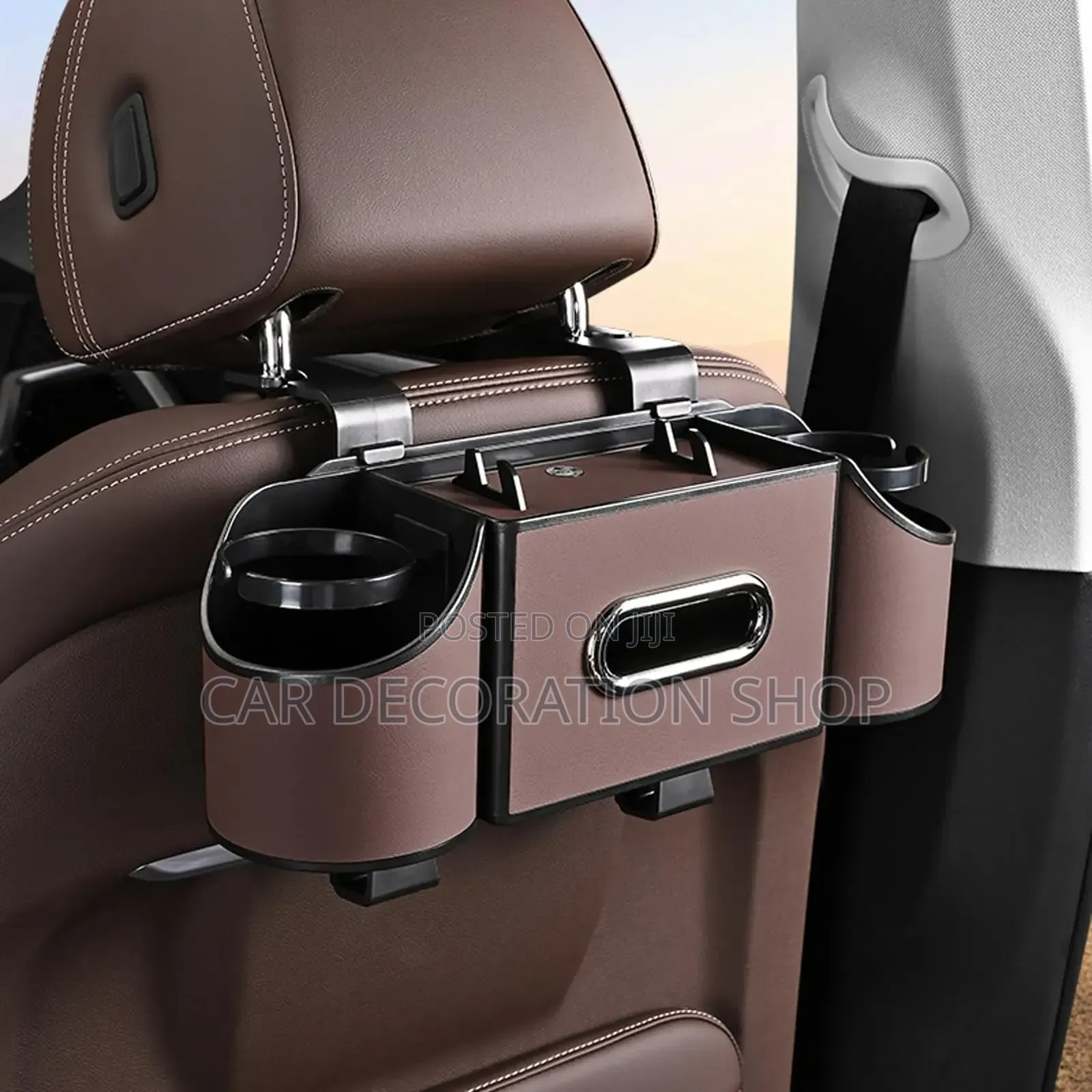 Brown Leather Backseat Organizer With Cupholder Tissue Box Dispenser