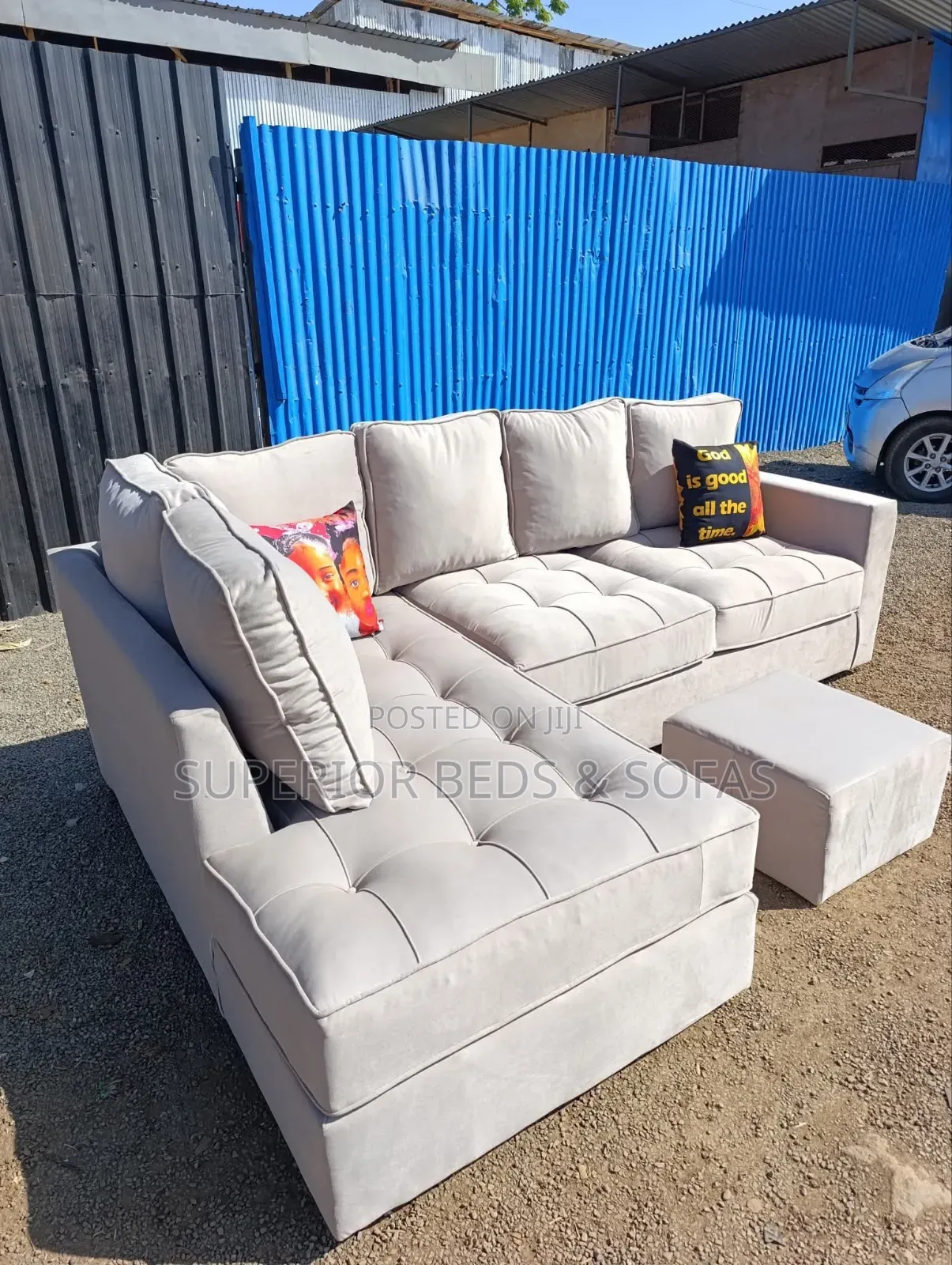 5-Seater: Cream Light Grey L-Shape Sofa + Ottoman+ Small Pillows