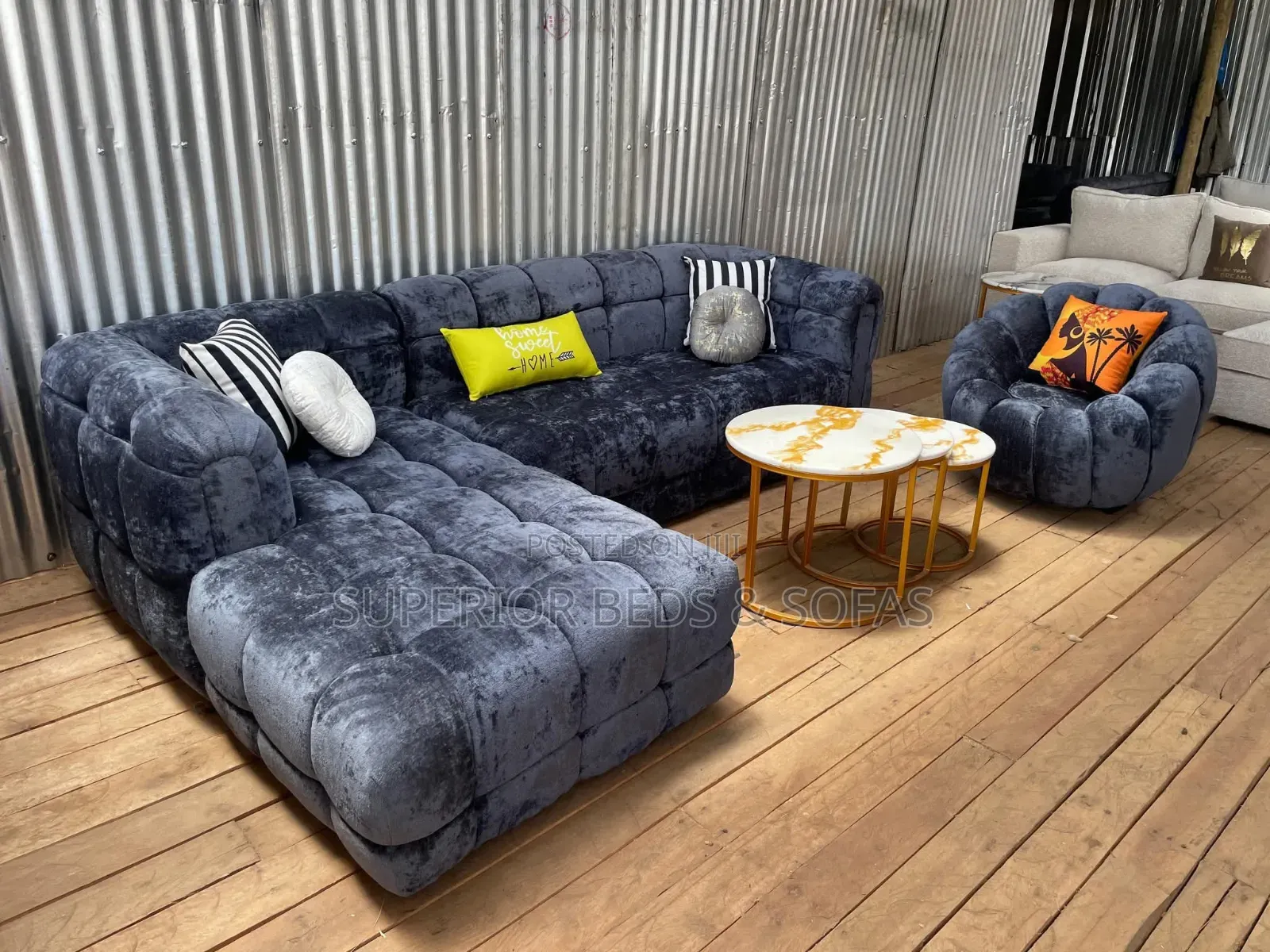 Bubble Grey Velvet L Shape Sofa 5 Seater