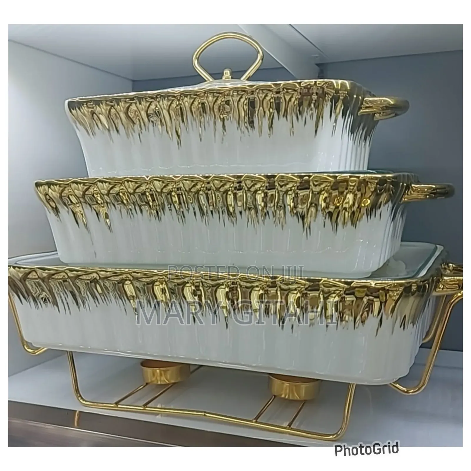 3pcs White Gold Ceramic Chaffing Dish