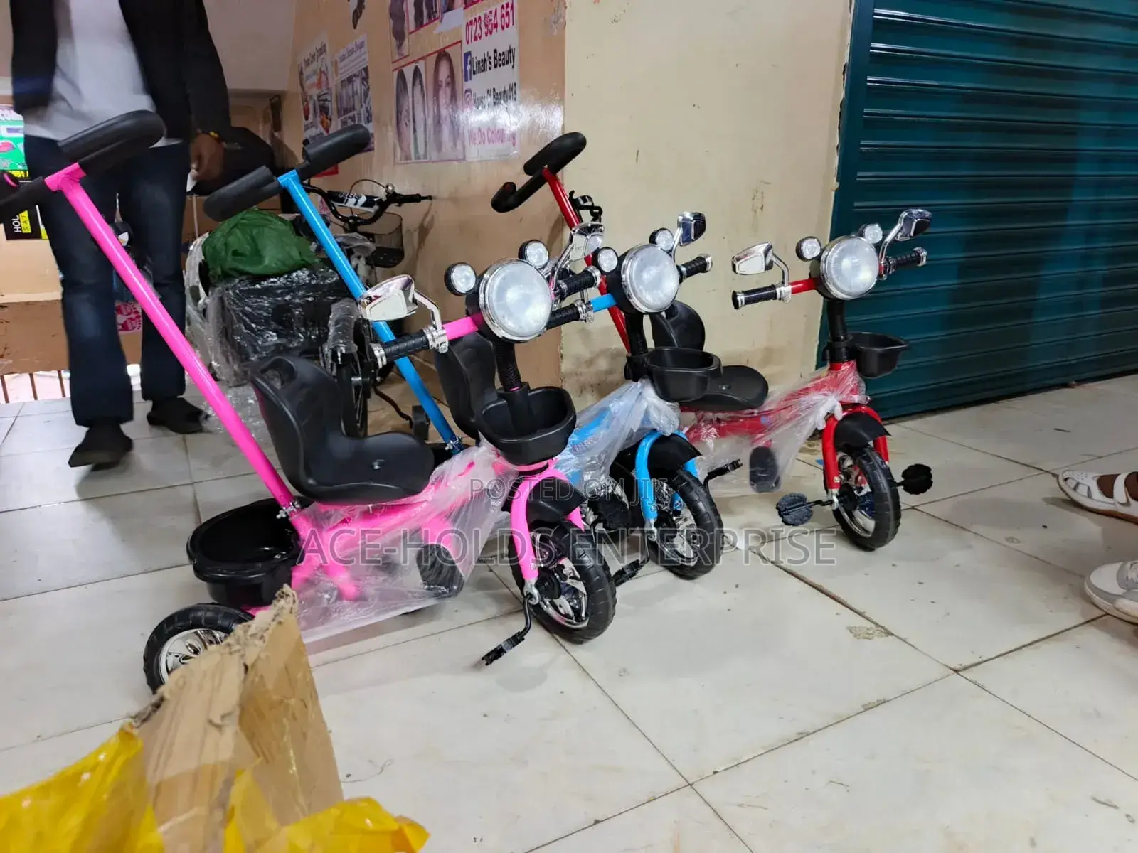 Tricycle With Push Handle: Pink, Red Blue Designed Colors