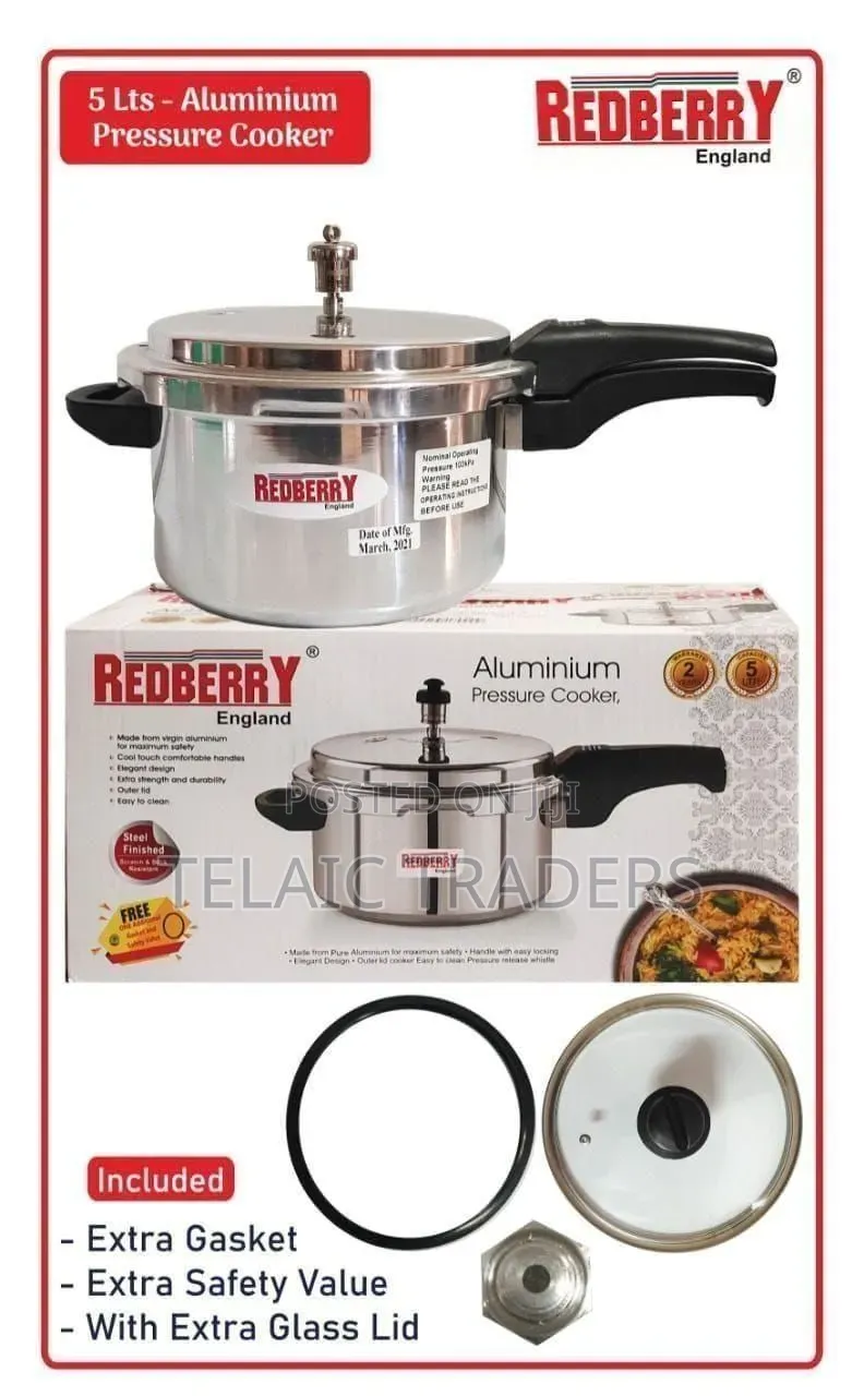5litre Redberry Aluminium Pressure Cooker With Glass Lid