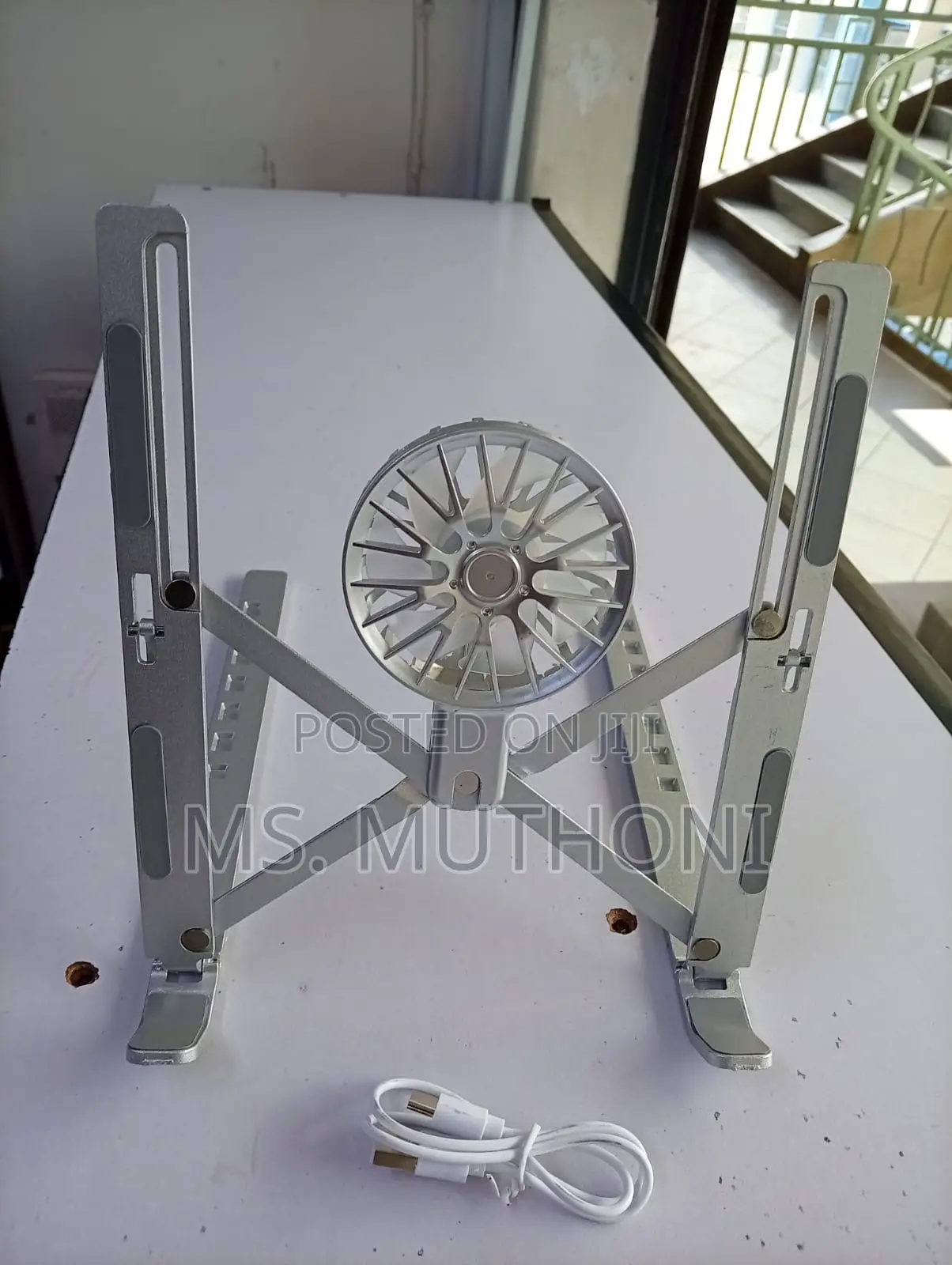 Adjustable Silver Aluminum Laptop Stand With a Built-in Cooling Fan,