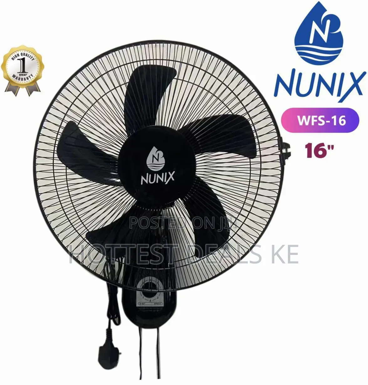 16-Inch Wall-Mounted Fan Features Five Aerodynamic Black Blades