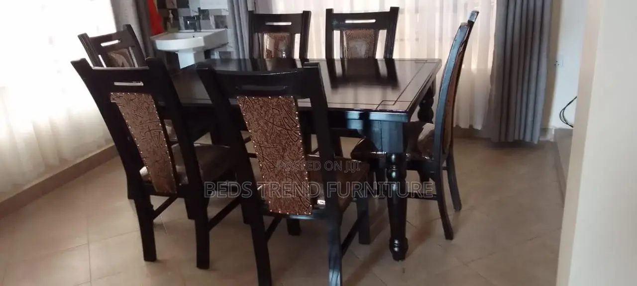 6-Seater Classic Wooden Dining Set – Brown Cushions