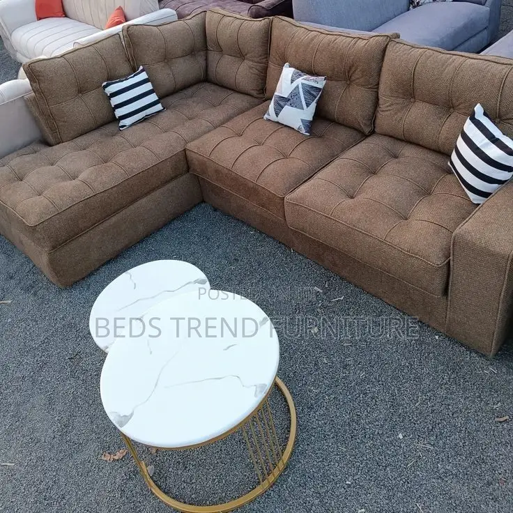 L Seat Brown Tufted 6-Seater Sofa With Cushions