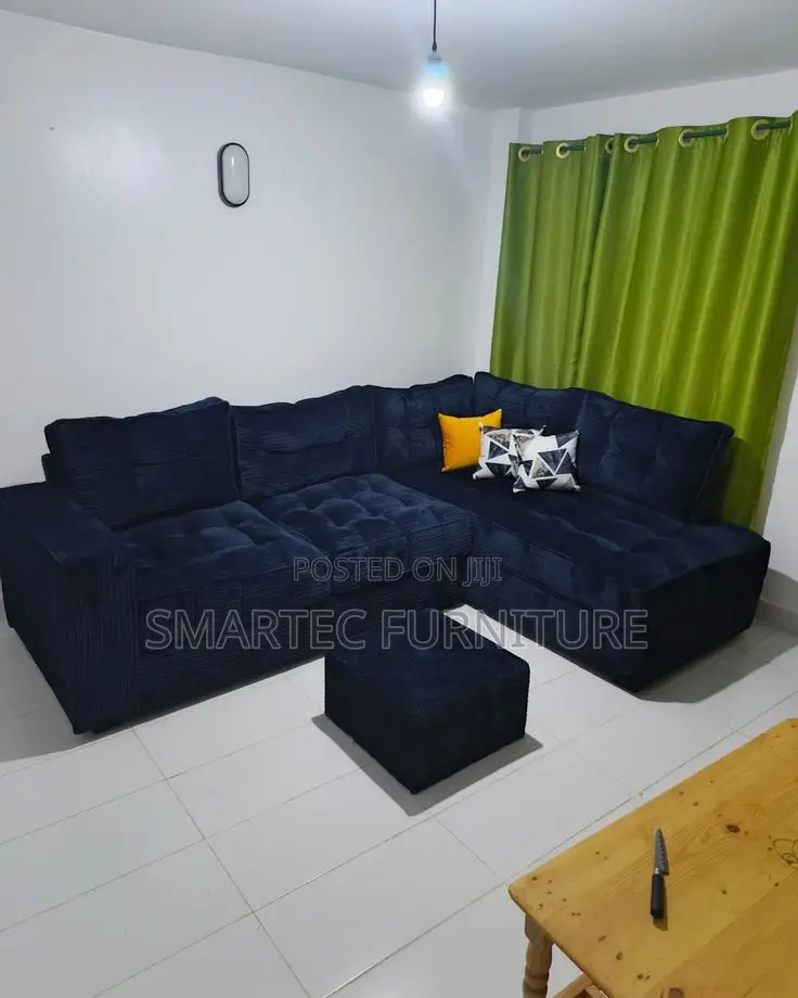 L Seat Dark Blue Tufted 6-Seater Sofa With Ottoman
