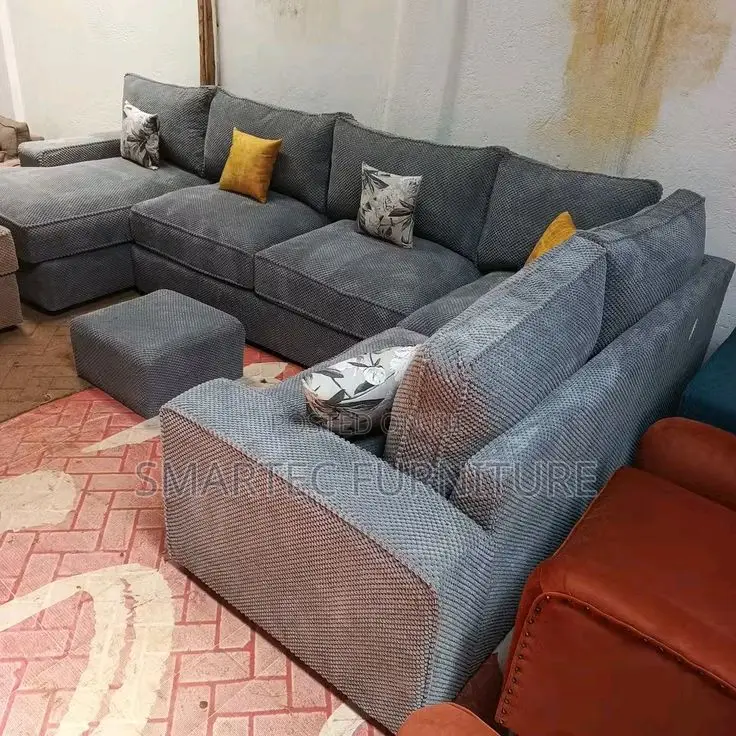 U-Shaped Grey Bubble Fabric 8-Seater Sofa With Foot Rest