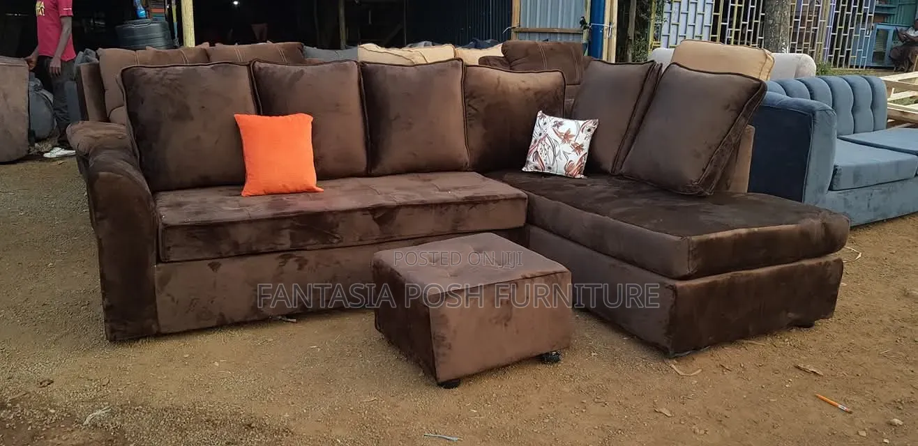 Brown L-Shaped Fabric Sofa 6-Seater