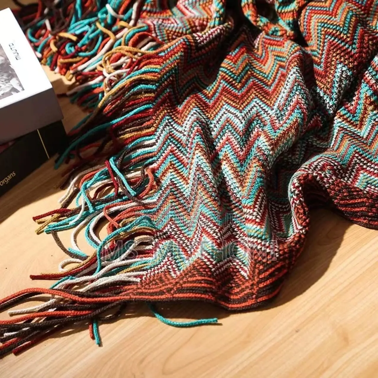 Multicolored Geometric Chevron Pattern and Tassels Throw Blankets
