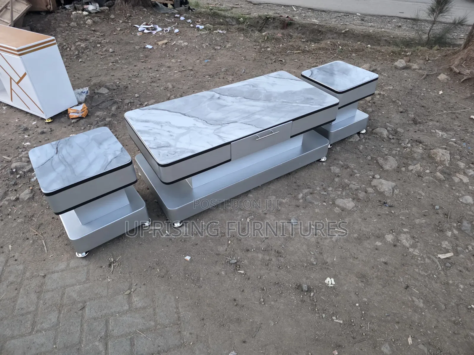Premium Gray Coffee Table + 2 Stools Marble Top Gray
