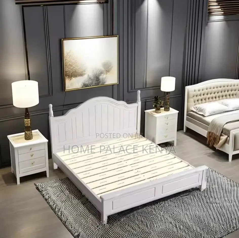 Wooden Bed: White Nordic Solid Oak Wood King Size Bed