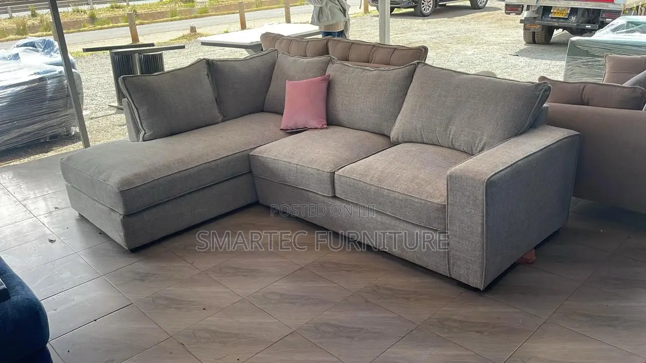 6-Seater L Seat Beige Sofa With Plush Back Cushions
