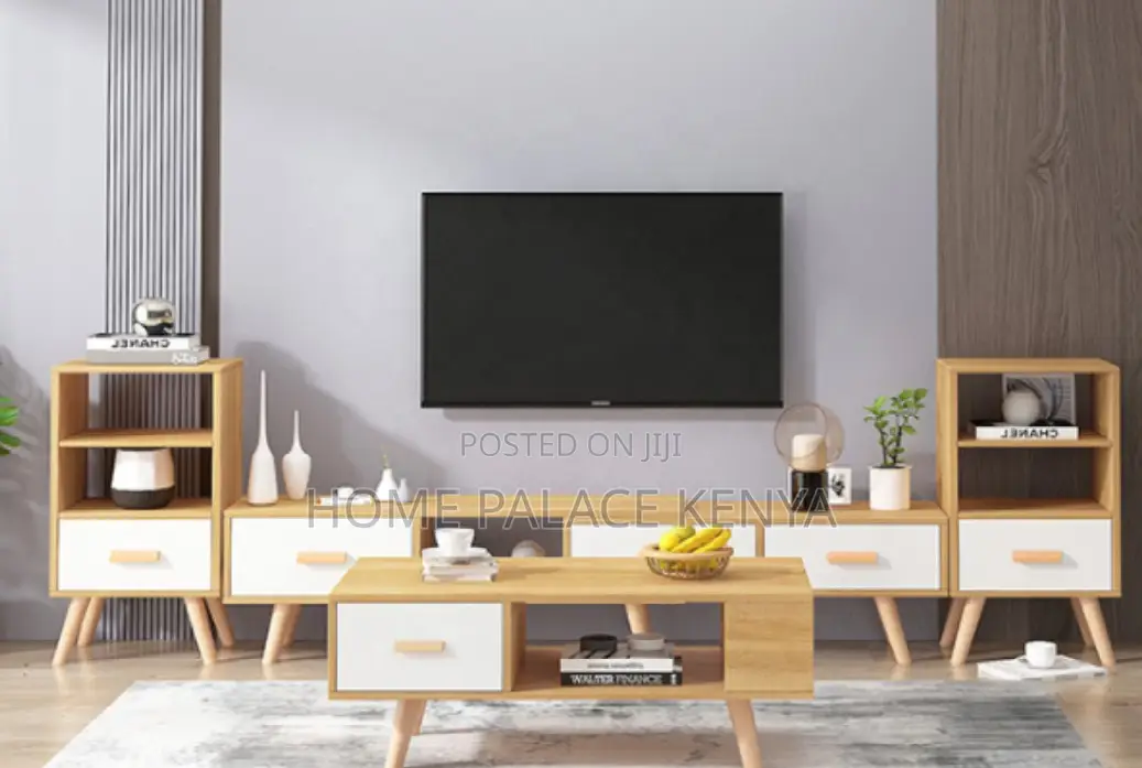 Livingroom Set: Nordic Multicoloured Tv Stand and Coffee Table Set