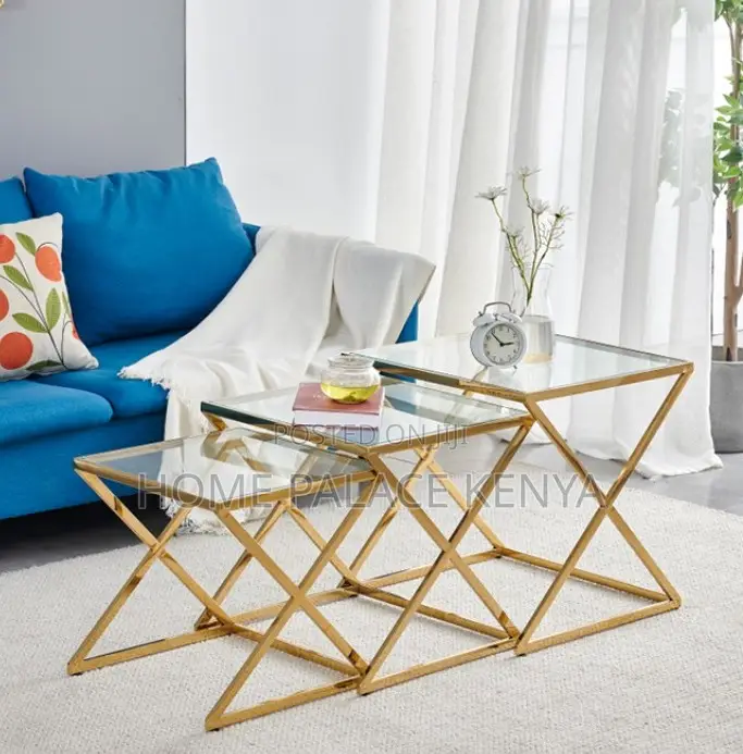 Side Tables: 3-Piece Decorative Glass Coffee Table Set With Cross Leg