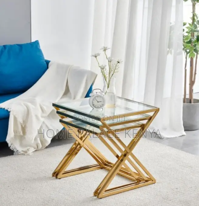 Side Tables: 3-Piece Decorative Glass Coffee Table Set With Cross Leg