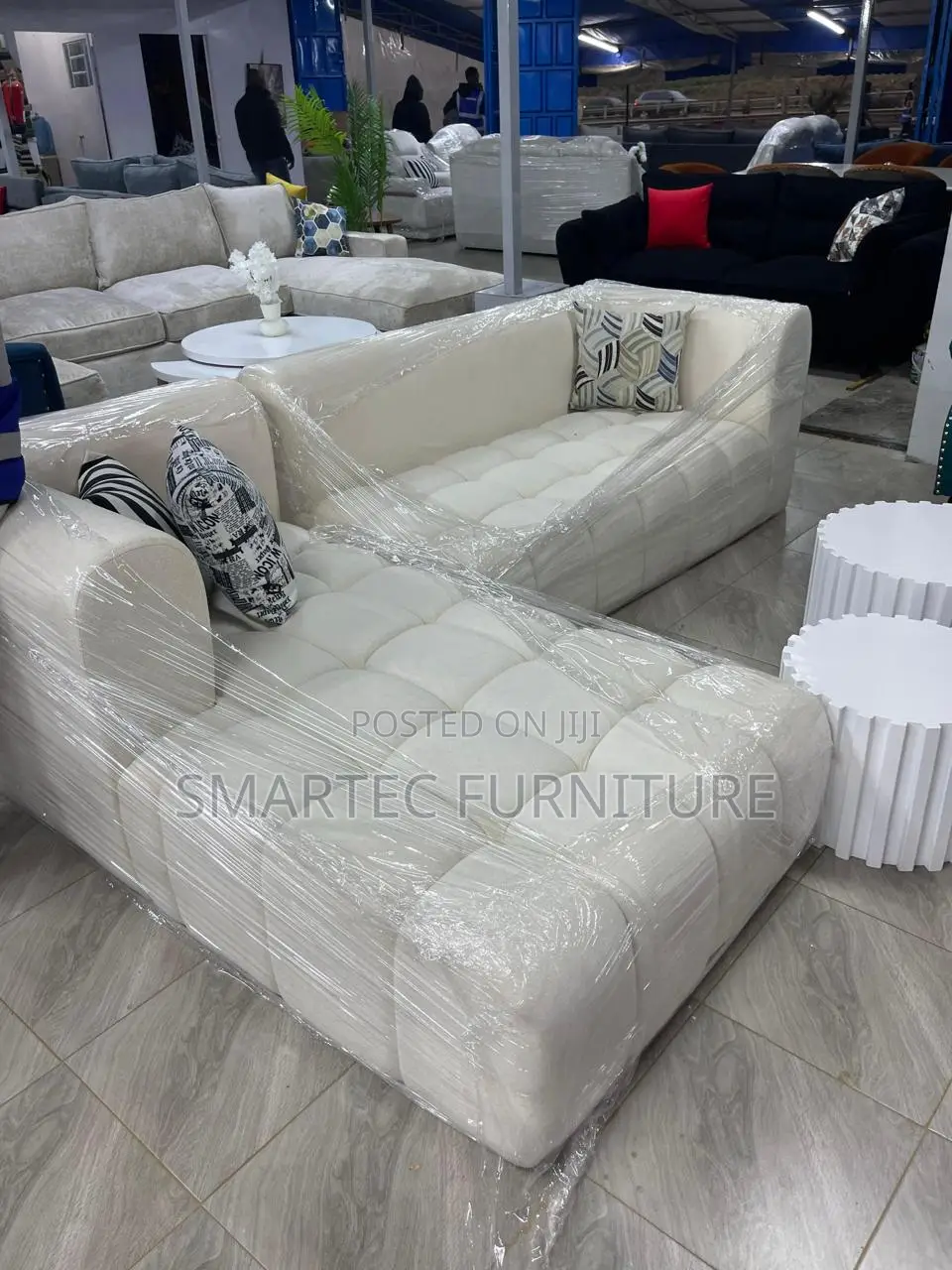 5-Seater L Seat White Bubble Fabric Sofa With Spring