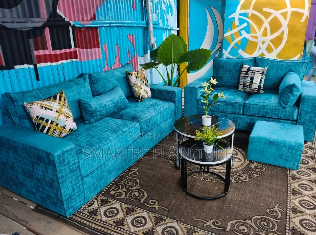 5 Seater 3+2 Sofa Set Teal Bubble Fabric With Patterned Cushions