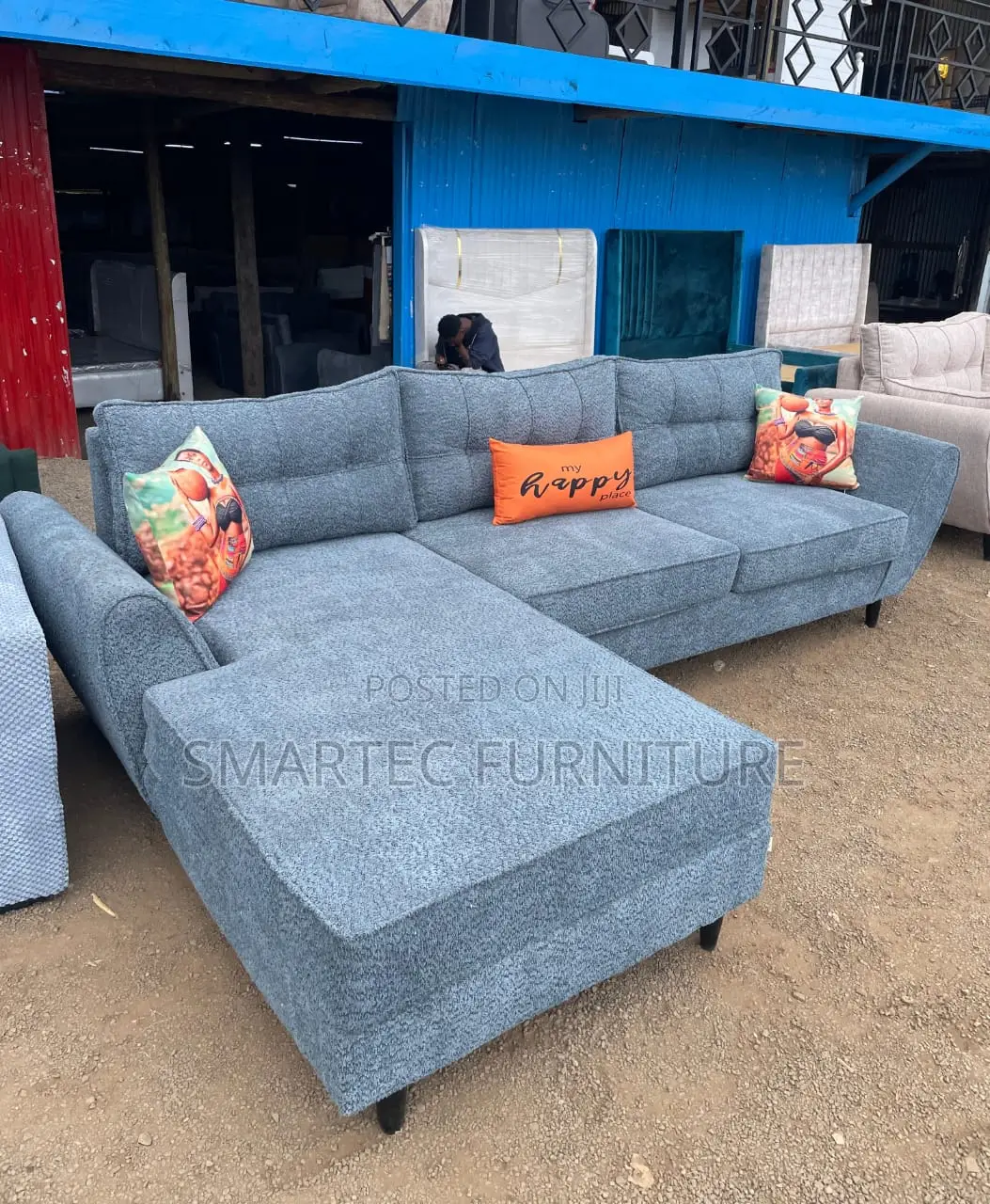 6-Seater L Seat Grey Sofa Textured Fabric With Decorative Cushions