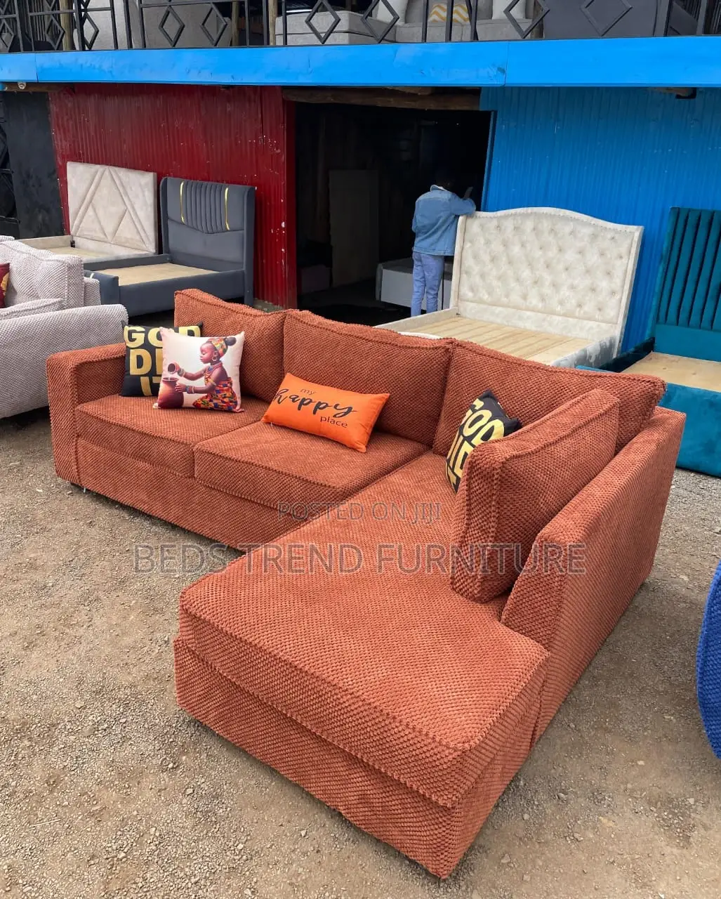 6-Seater L Seat Sofa Rust Bubble Fabric With Cushions