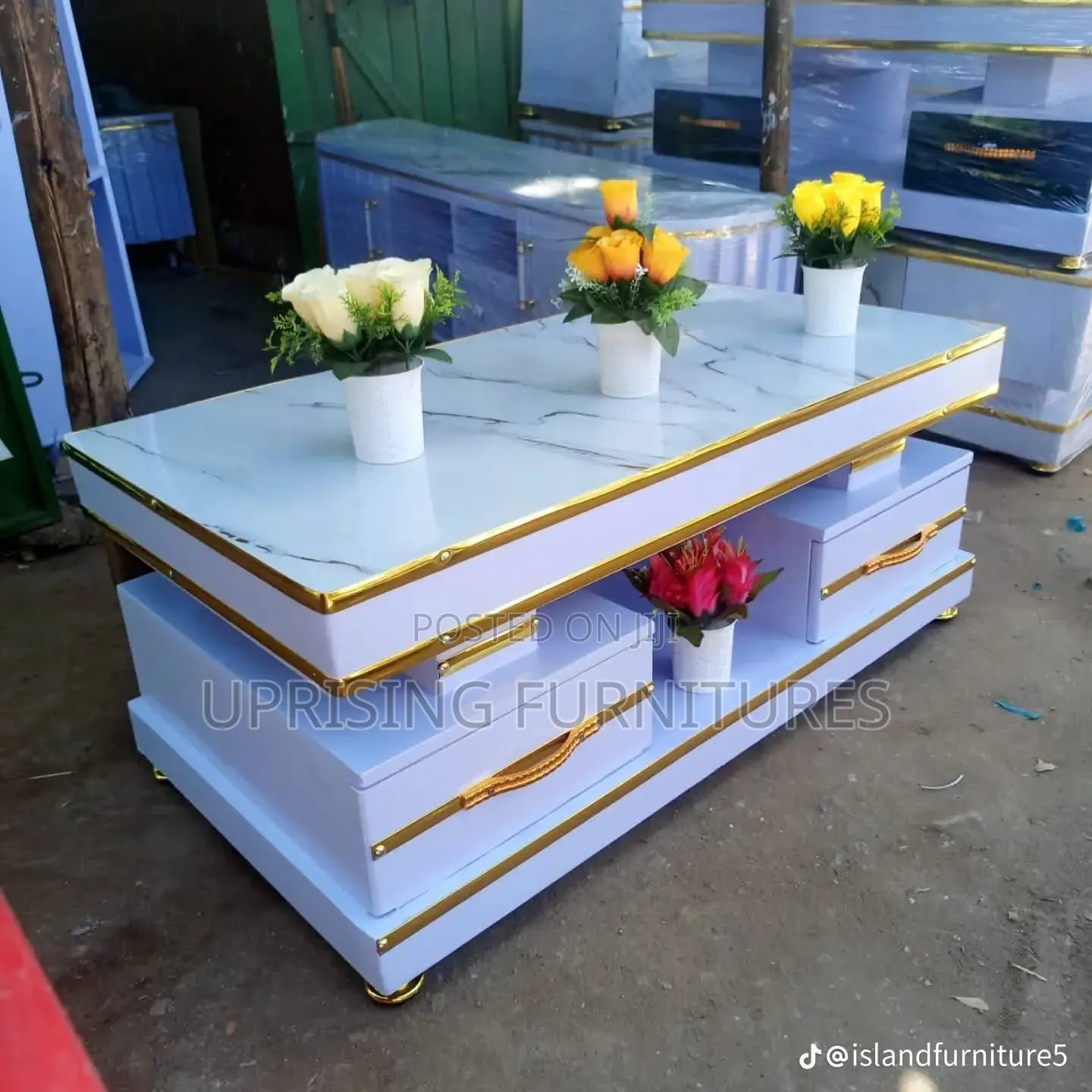 Coffee Table Double Drawers With Golden Belt Accents Marble Top Gold