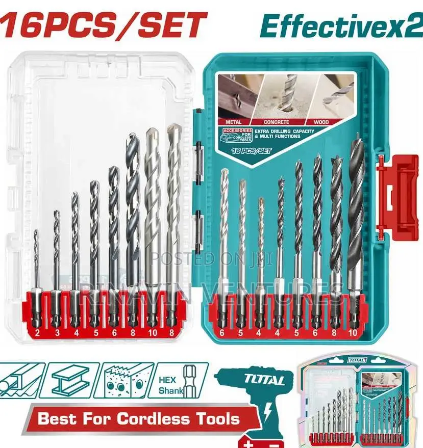 Total Tacsdl11608 16 PCS Metal,
Masonry and Wood
Drill Bits Set