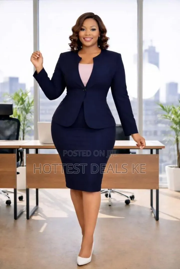 Fitted Two-Piece Skirt Suit Featuring a Collarless Blazer