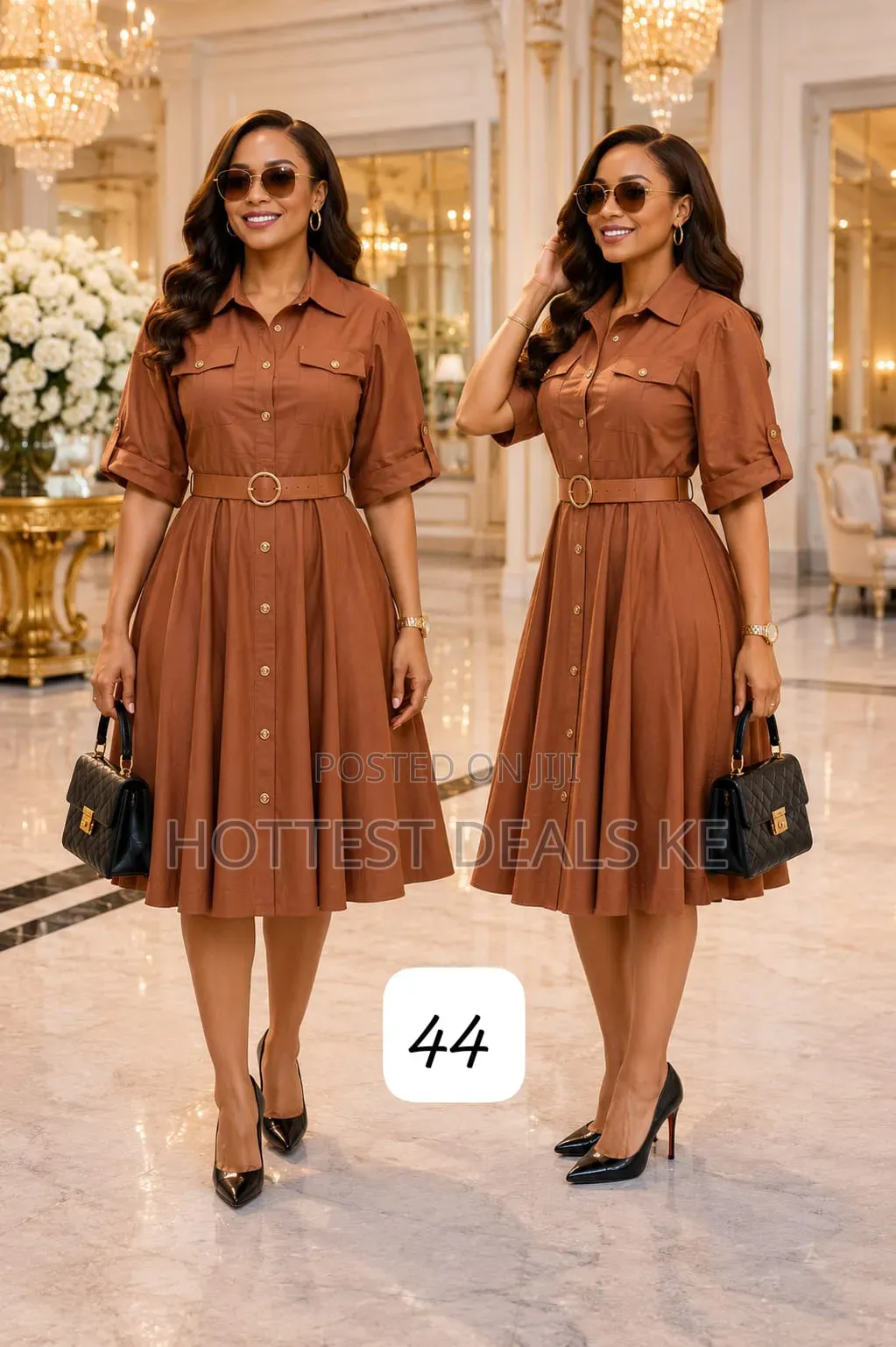 Elegant Belted a-Line Office Midi Dresses With Flap Pockets