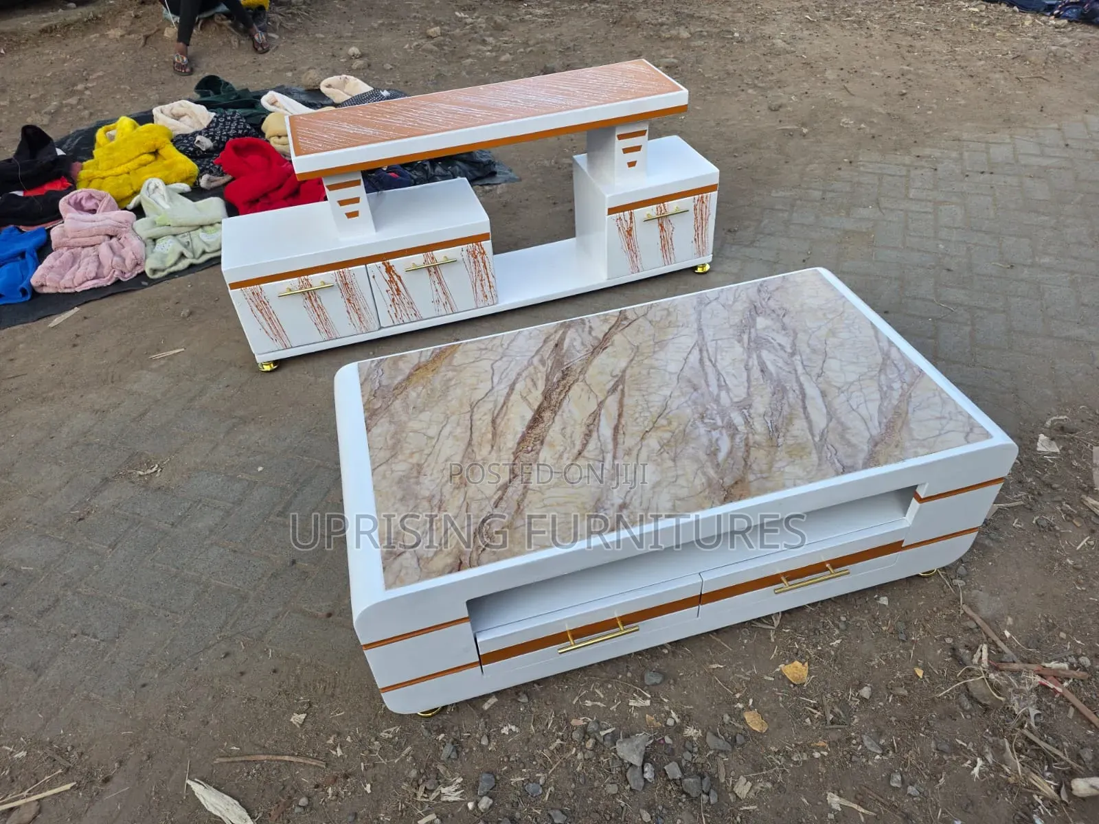 Coffee Table White Gold Marble Top Brown Tv Stand