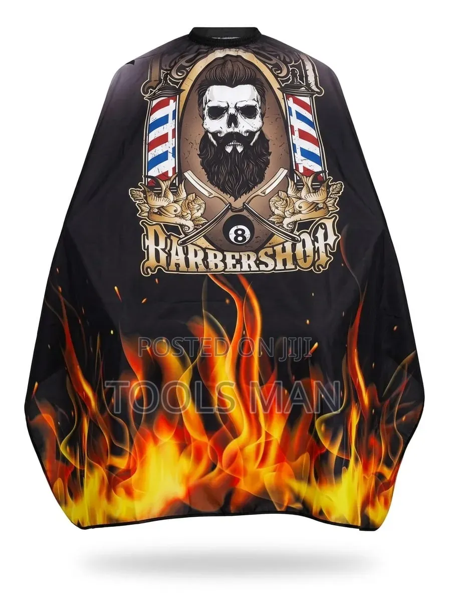 Professional Barber Cape Skull and Flames Print Hair Salon Gown.