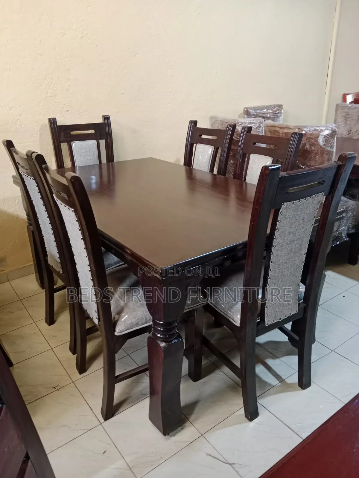 6-Seater Rectangular Wooden Dining Set With Cushioned Tufted Chairs