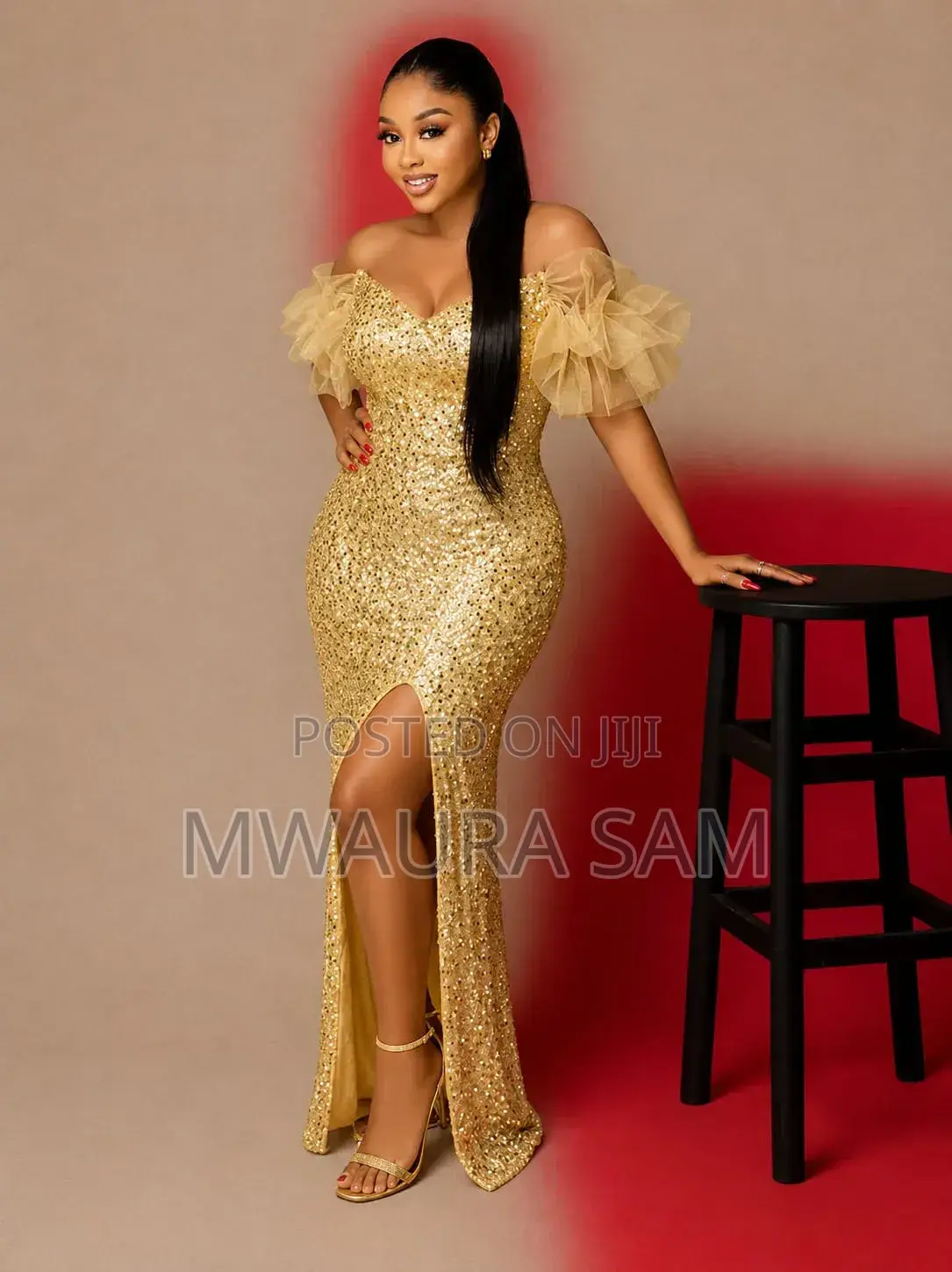 Gold Midi Party Dress for Ladies