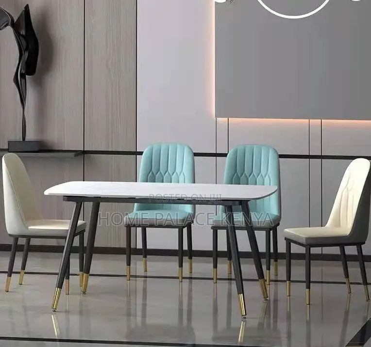 Dining Set: 4 Seater Rectangle Table With Stone Top and Metal Legs