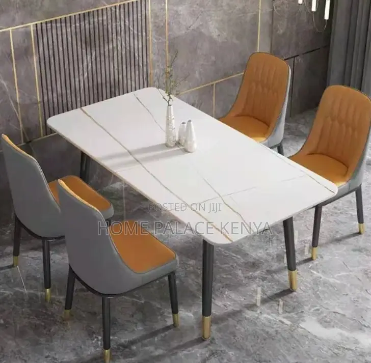 Dining Set: 4 Seater Rectangle Table With Stone Top and Metal Legs