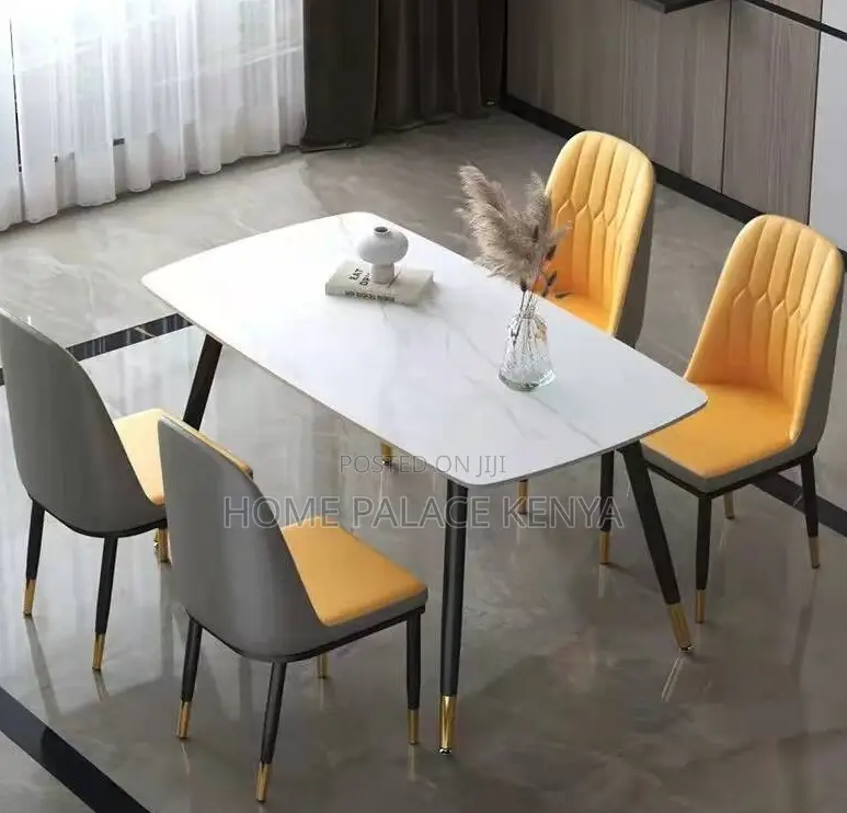 Dining Set: 4 Seater Rectangle Table With Stone Top and Metal Legs
