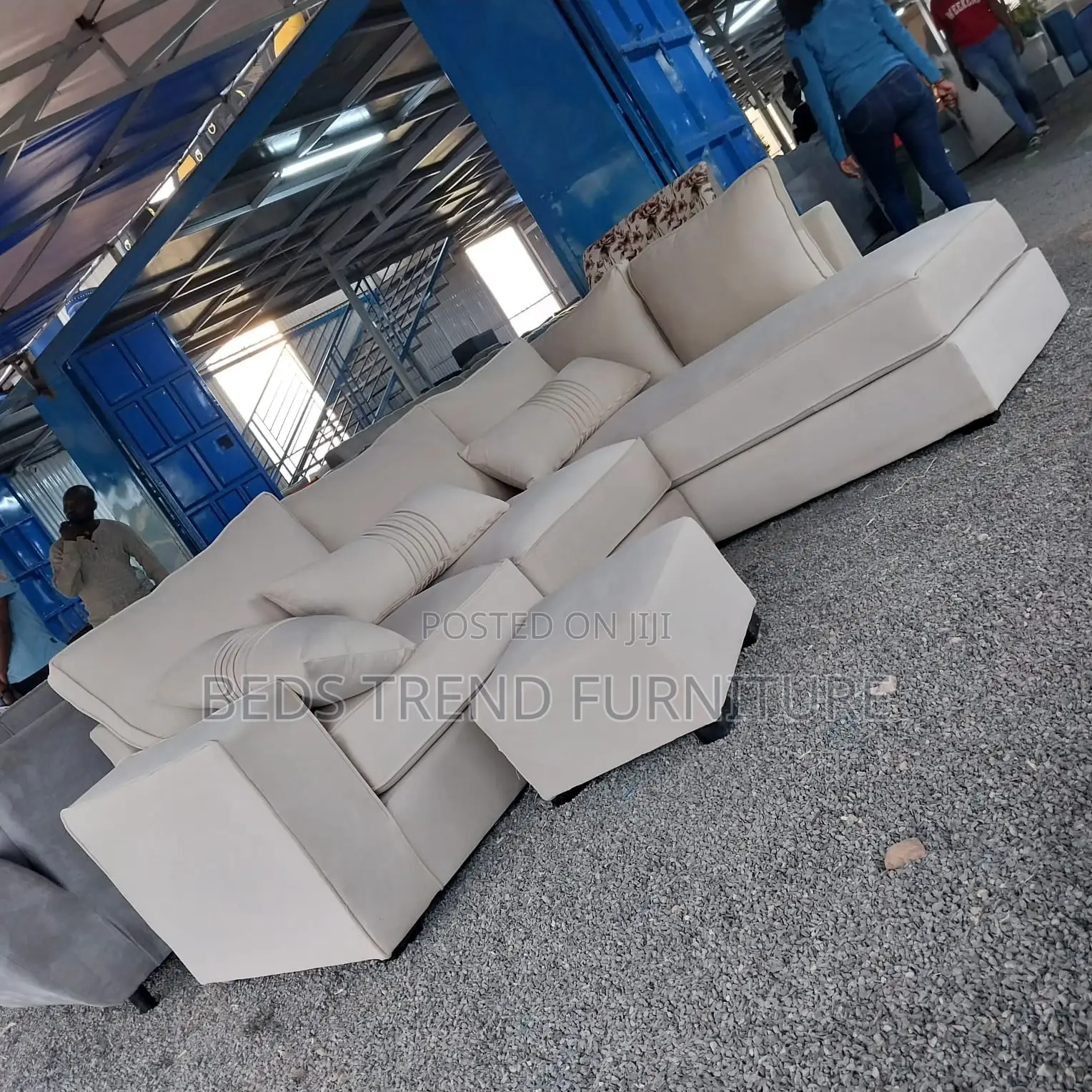 6-Seater L Seat Sofa Beige Fabric With Ottoman