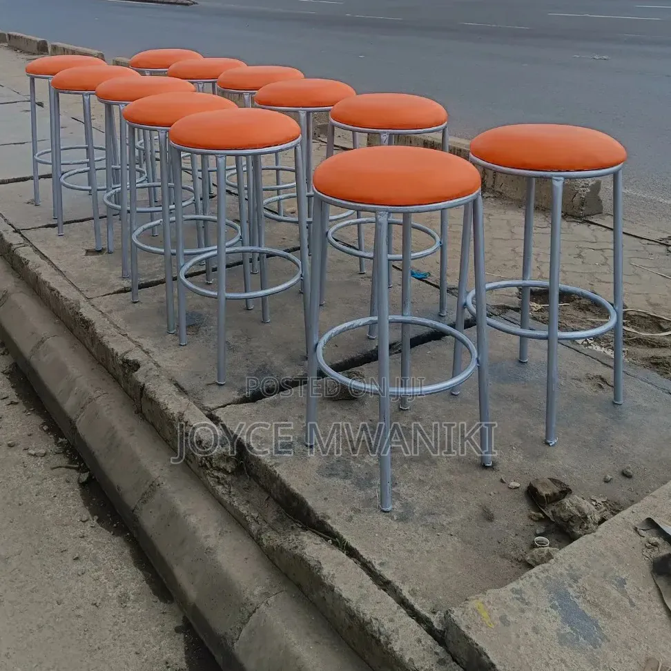 Backless High Round Stools, Silver and Orange